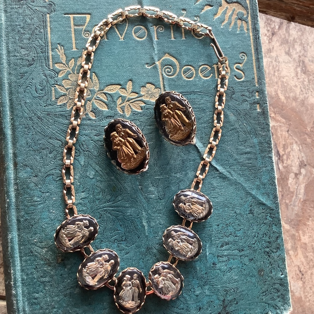 Antique Vintage Damasceen Necklace Earrings Set 1930’s